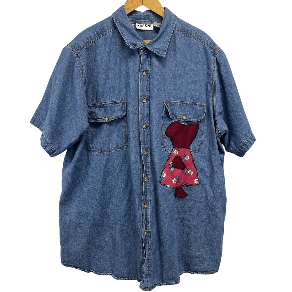Upcycled Oversized Denim Button Down Shirt Antique Feedsack Patchwork 2XL READ